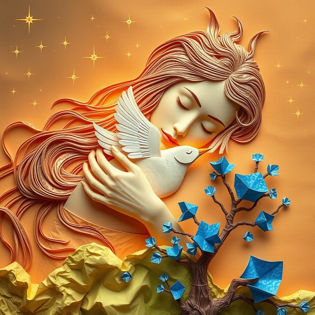 Woman with Star Hair Embraces Bird in Plasma Portals