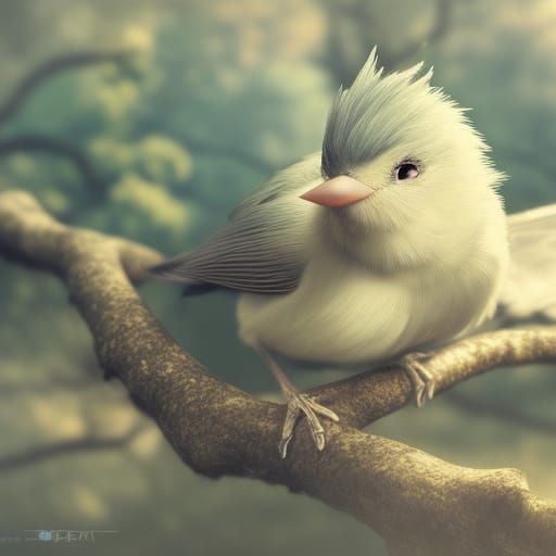 Chrome Titmouse on Branch: Dreamy Pastel Digital Art