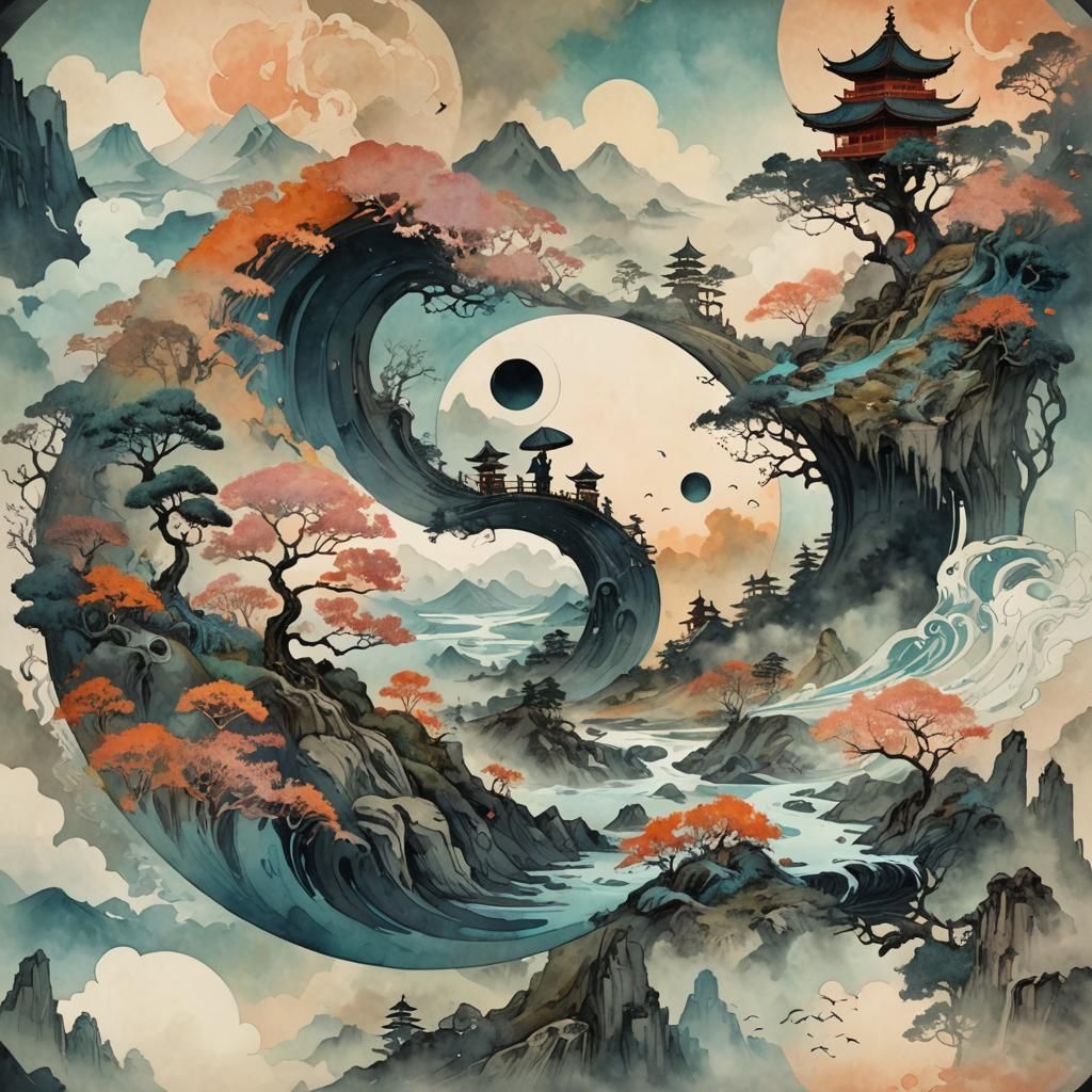 Yin and Yang Landscape in Pastel Watercolor Style