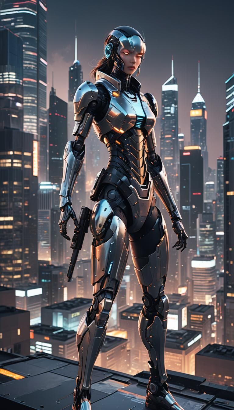 Robotic Assassin in a Neon Cityscape: Anime Concept Art