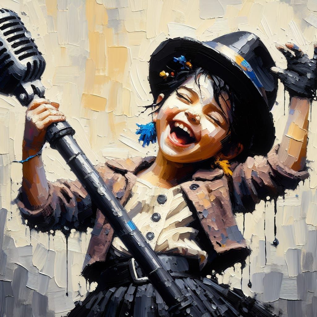 Expressive Punk Girl Singing with Joy, Impasto Gouache