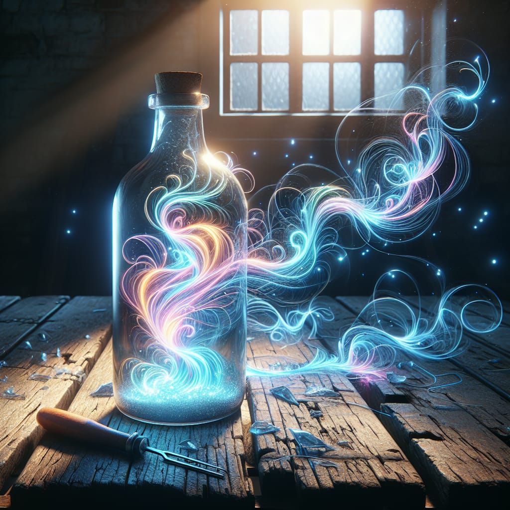 Luminescent Tendrils in Glass Bottle, Photorealistic Image