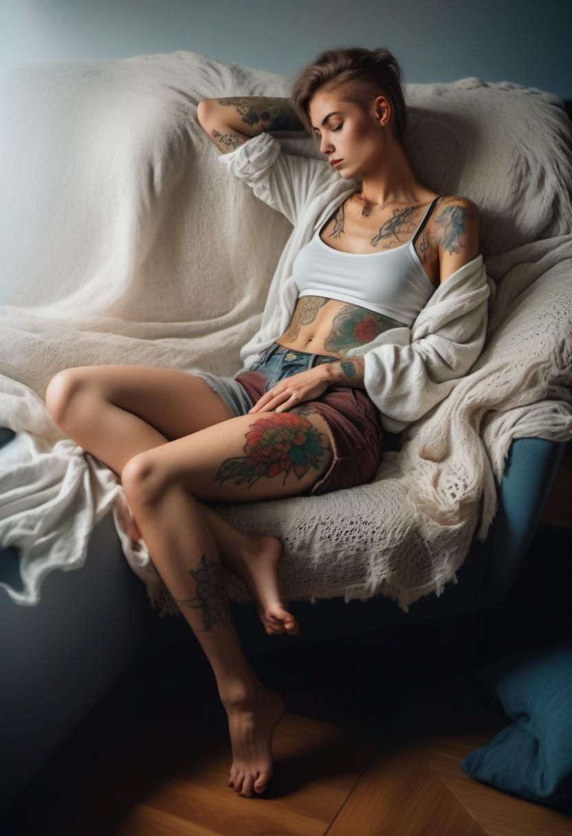 Tattooed Woman Relaxing on Sofa in Intimate Scene