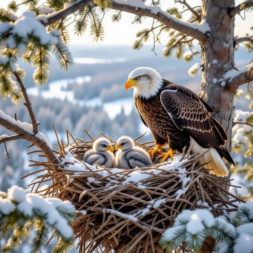 Bald Eagle Nest with Newborn Eaglets in Winter