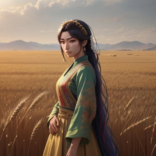 Afghan Woman in Wheat Field: 3D Anime Art