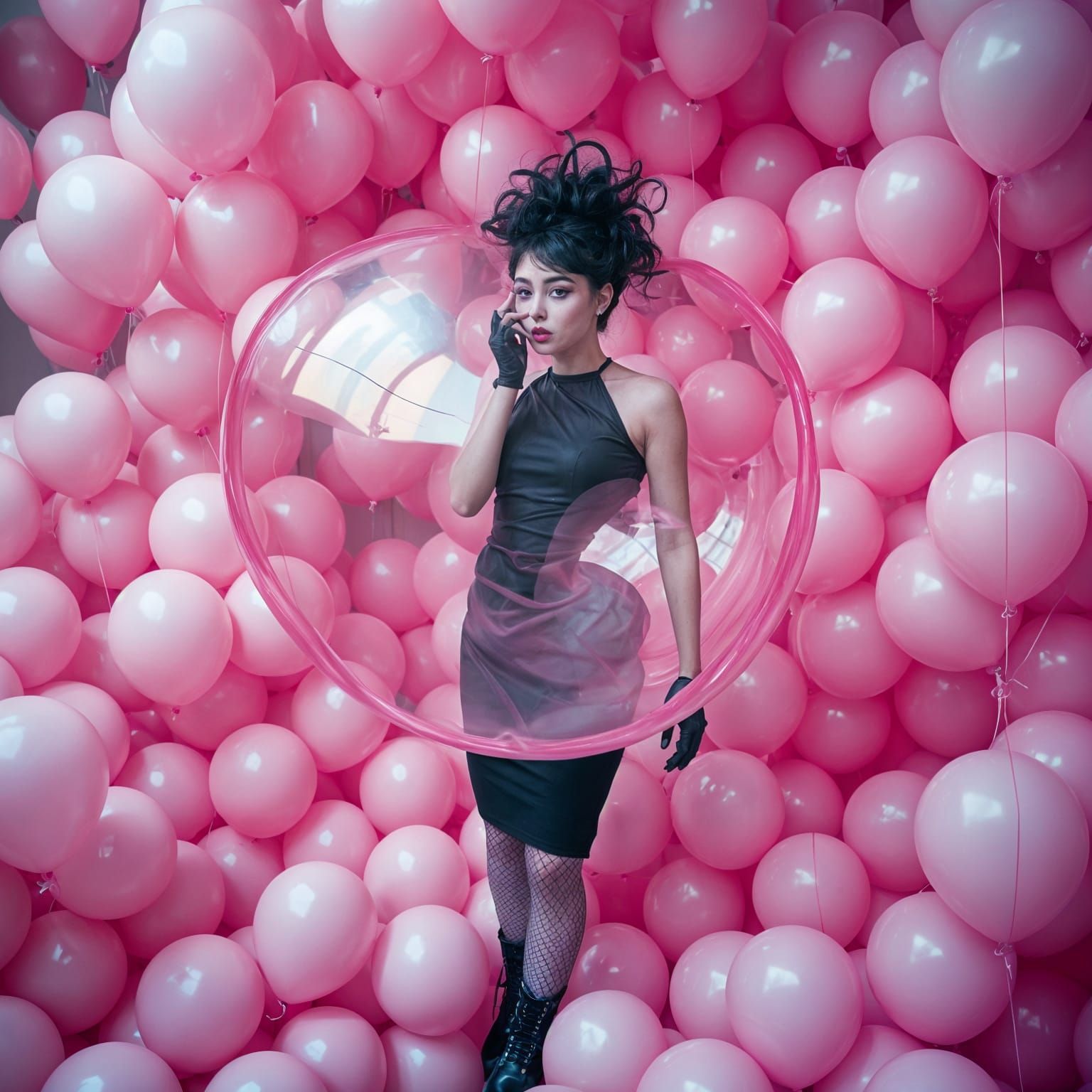 Goth Woman Blowing Bubblegum Bubble