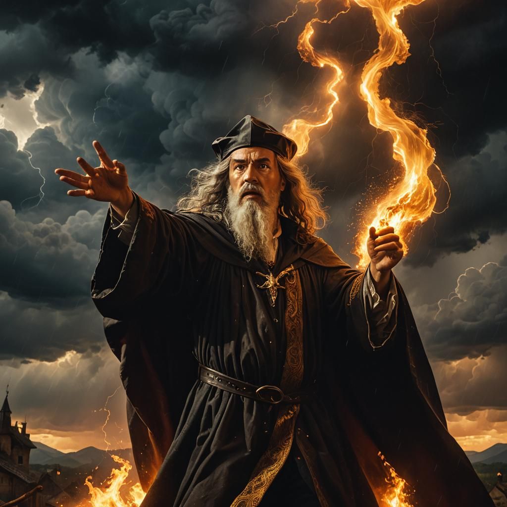 Wizard in Thunderstorm: A Cinematic Oil Painting