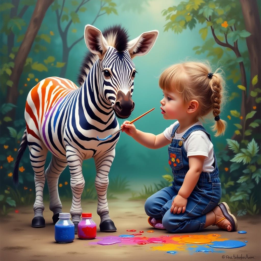 Serious Little Artist Paints Vibrant Zebra in Oil Impasto