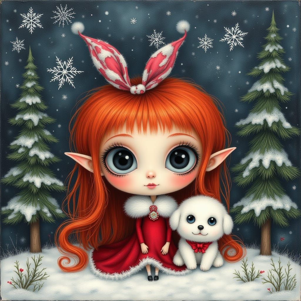 An enchanting embroidery Painting of a cute Christmas elf gi...