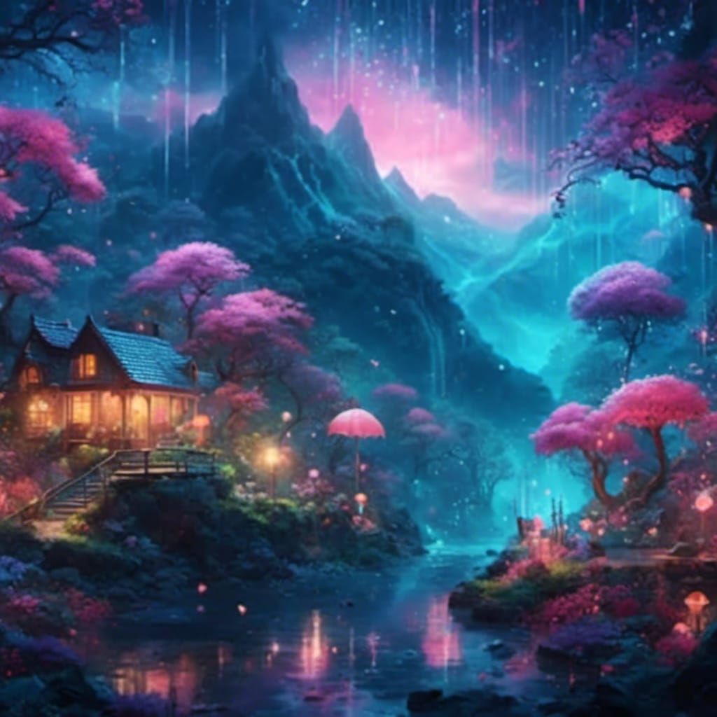 Fairies in Rainy Fantasy Nightscape