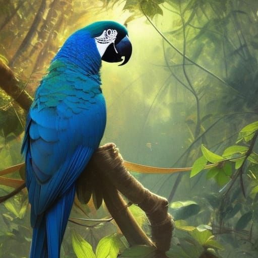 Blue Macaw Portrait in Jungle Sunlight