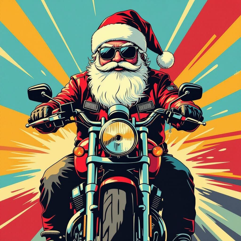 Santa Claus as a Motobiker in Pop Art Style