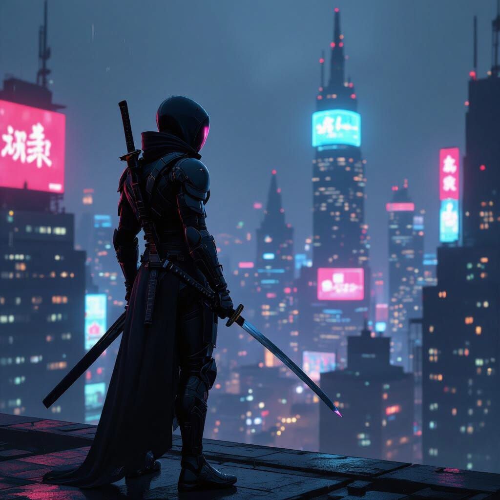 Futuristic Ninja Warrior Overlooking Neon Cityscape