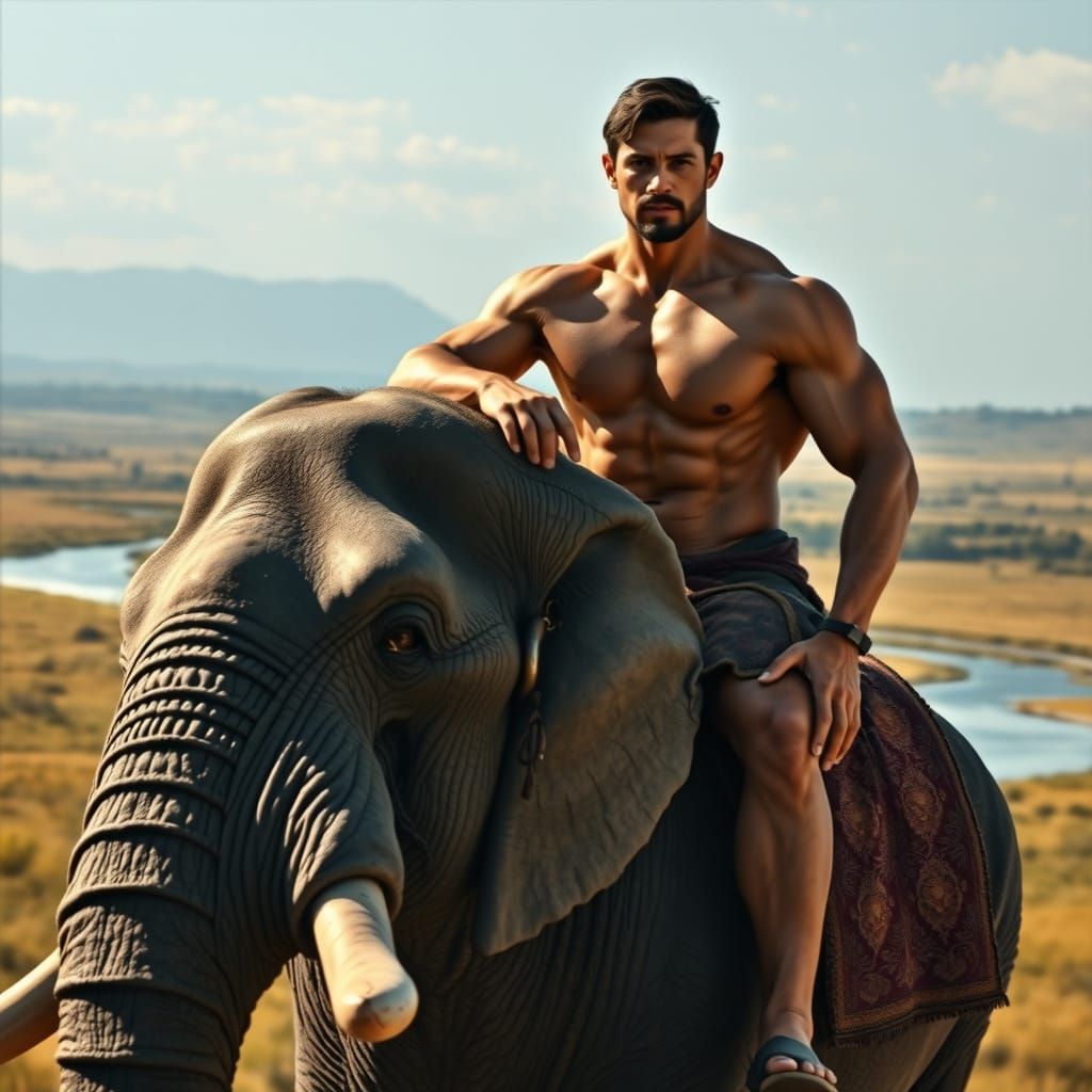 Muscular Hero Rides Majestic Elephant Through Serene Landsca...