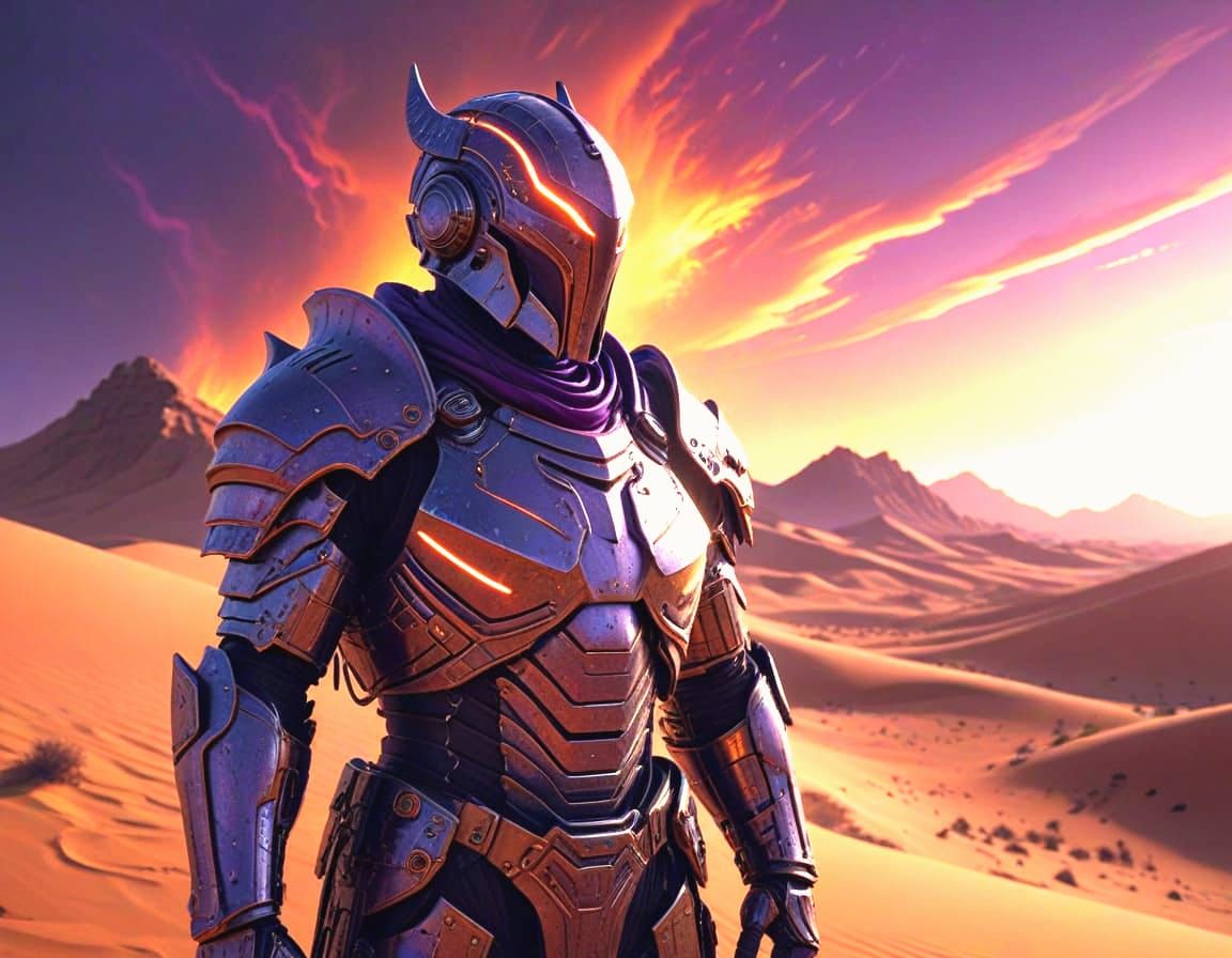 Retro-Futuristic Knight In Desert Under Binary Sunset