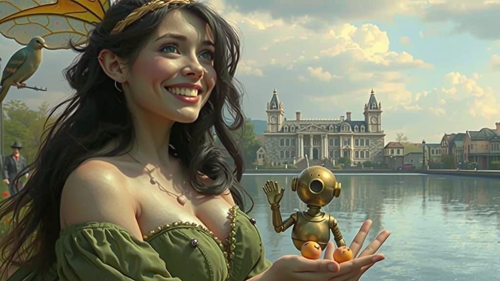 Fairy and Robot in 19th Century Town, Cinematic Film Still