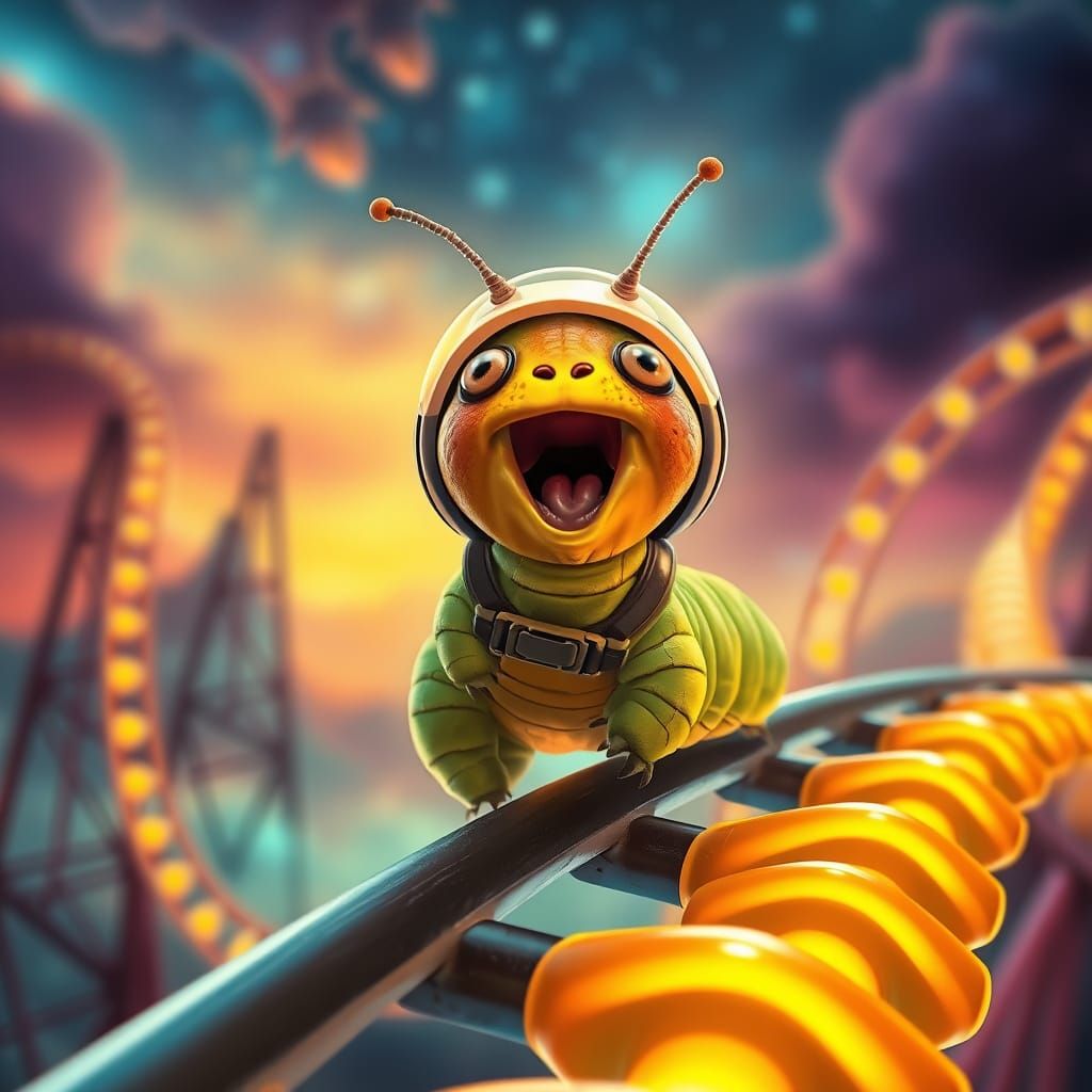 Caterpillar's Thrilling Rollercoaster Ride in Dreamlike Sett...