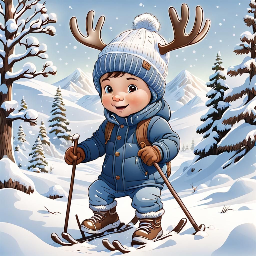 Cartoon Toddler Playing in Snow with Antler Hat