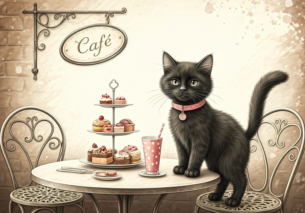 Whimsical Parisian Café Scene in Charcoal Pastel Style