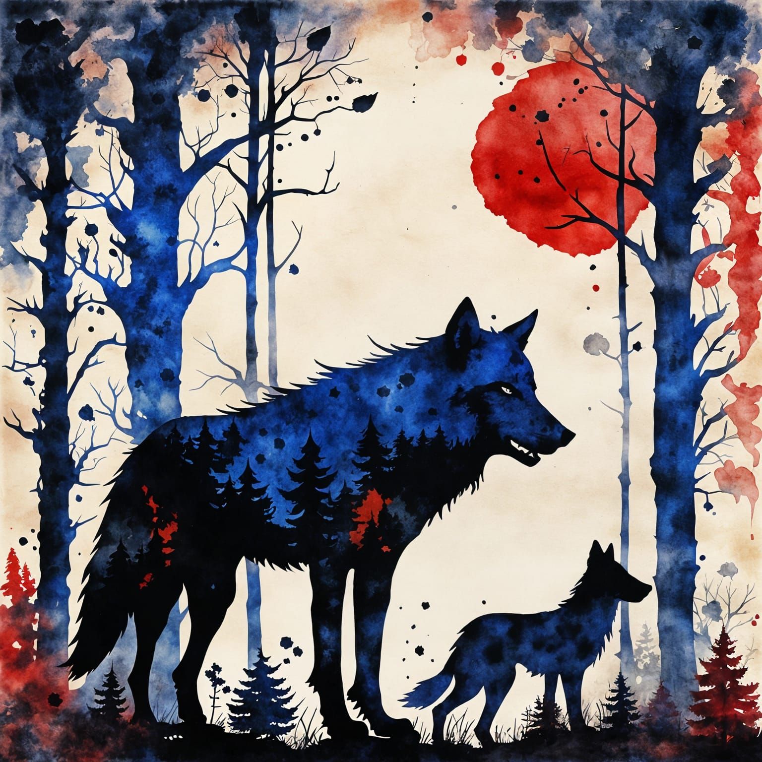 Wolf Family Silhouette in Steampunk Ink Painting