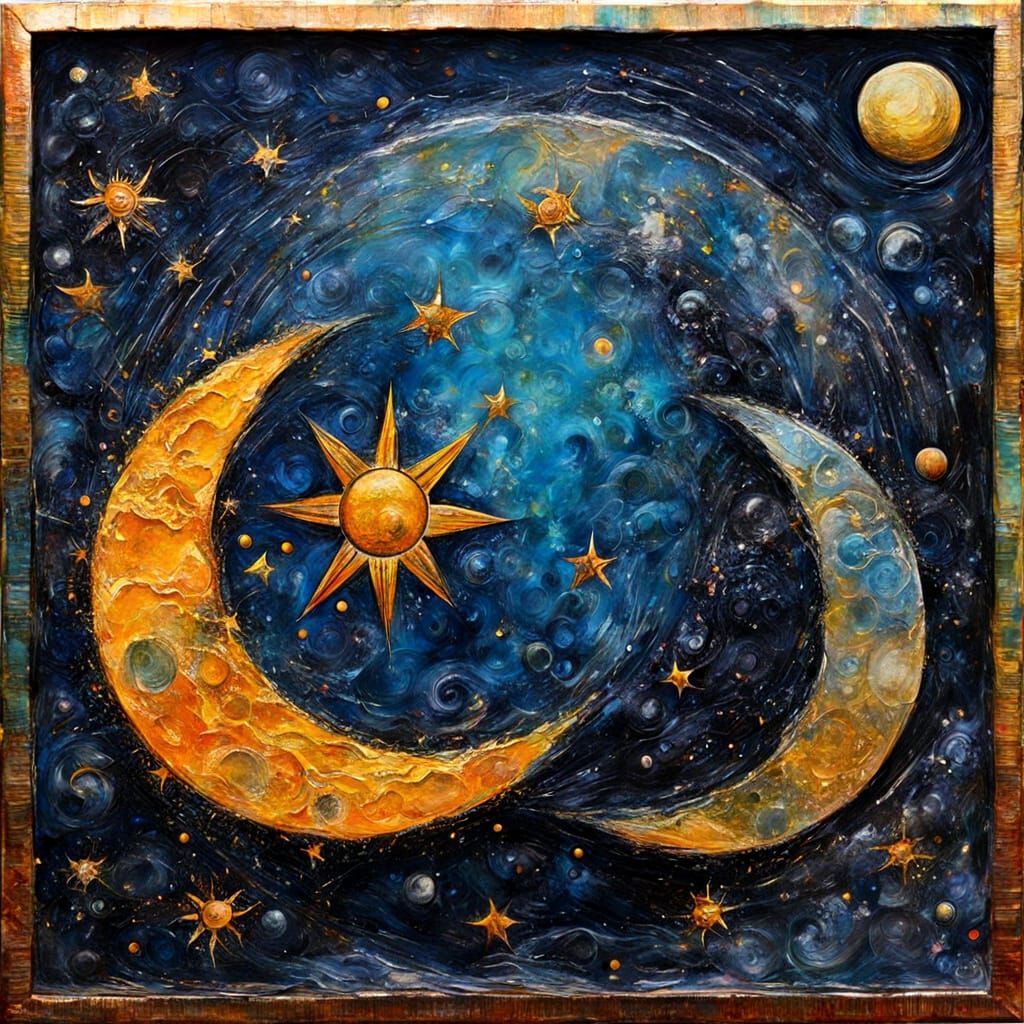 Sun and Moon Dance in Solar System Encaustic Painting