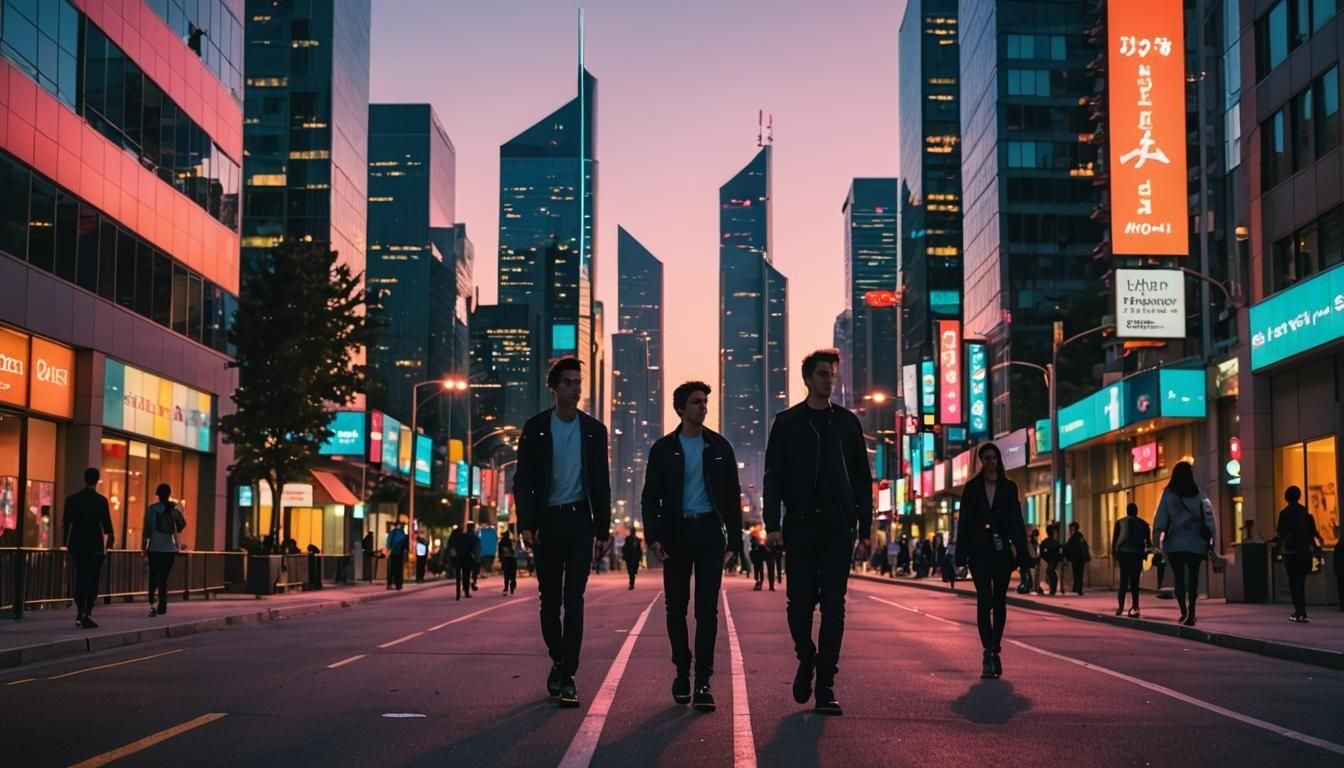 Futuristic Teenagers Chatting at Night: Cinematic Film Still