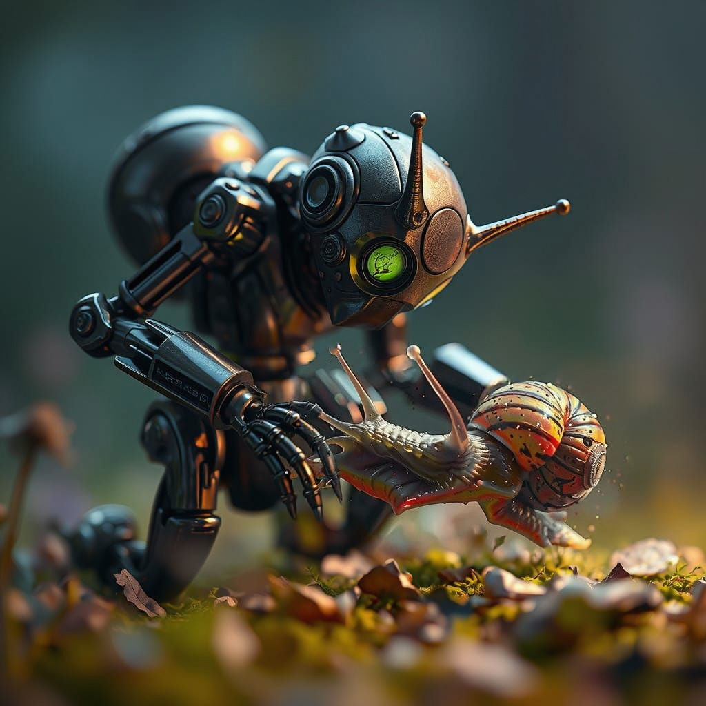 Mechanical Marvel Plays with Garden Snail in Dark Fantasy Ar...