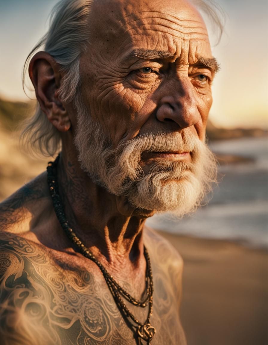 Tattooed Man on Deserted Beach at Golden Hour
