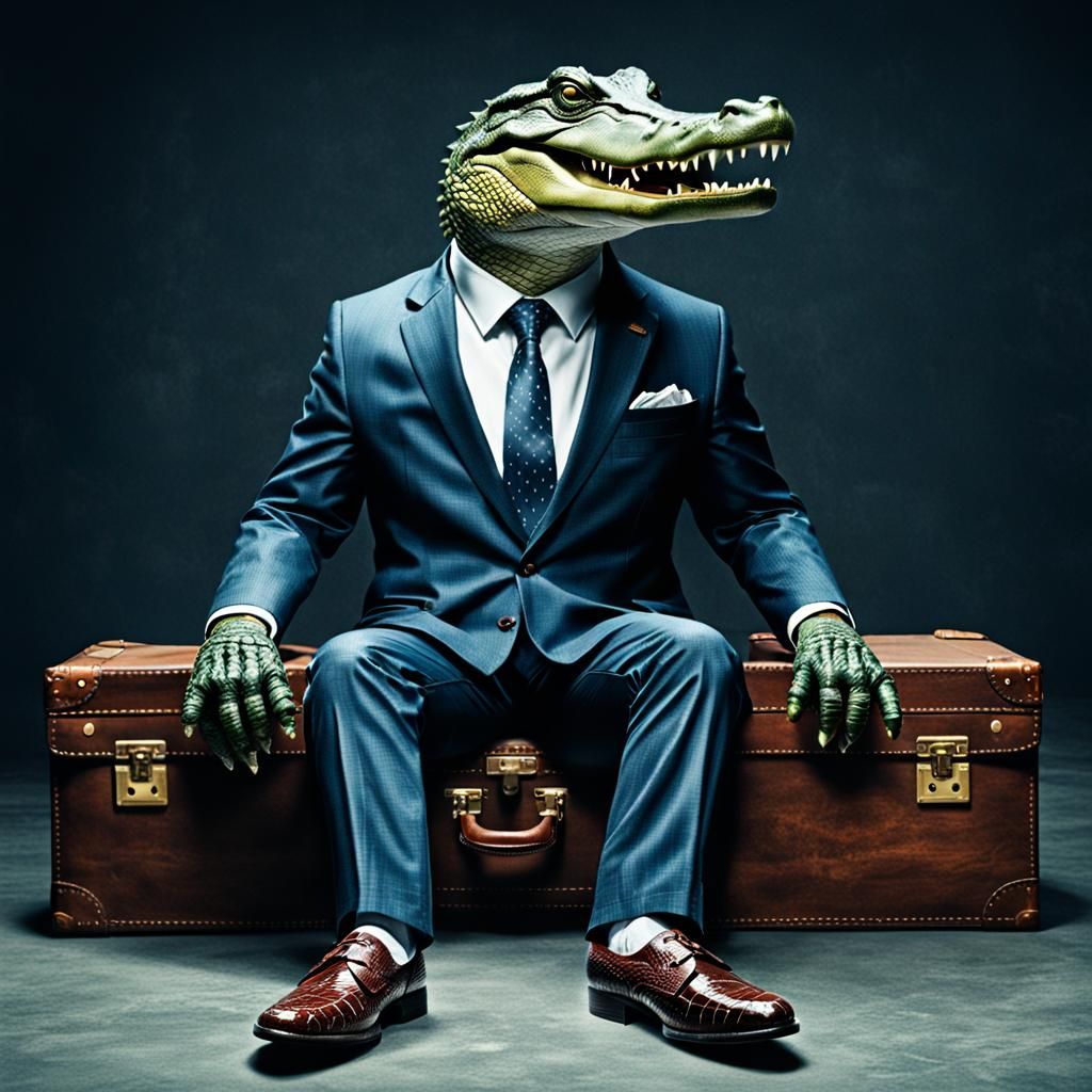 Alligator in Suit Selling Shoes