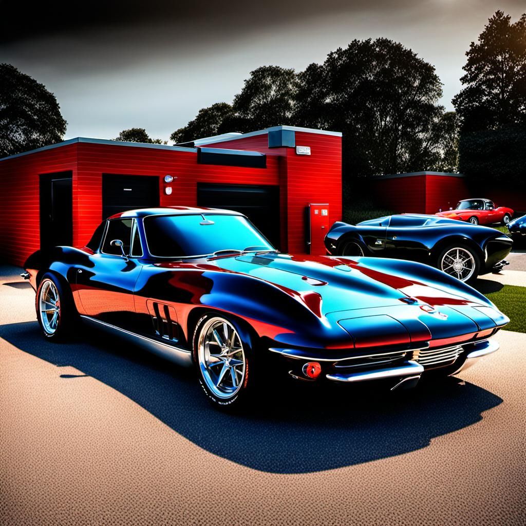 Futuristic Red 1966 Corvette Next to Black Car