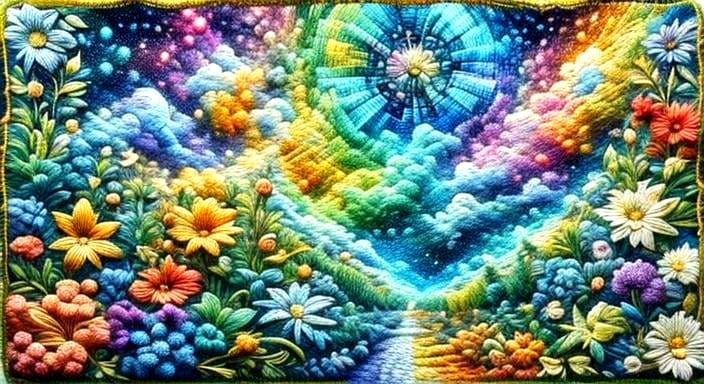Vibrant Fabric Embroidery Quilt in Pointillism Style