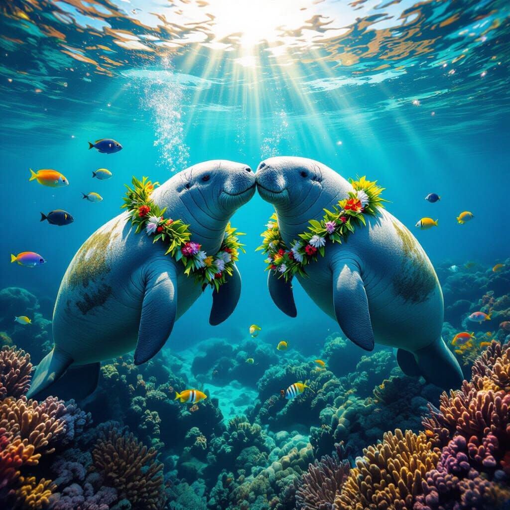 Manatee and Dugong Kissing Underwater with Coral