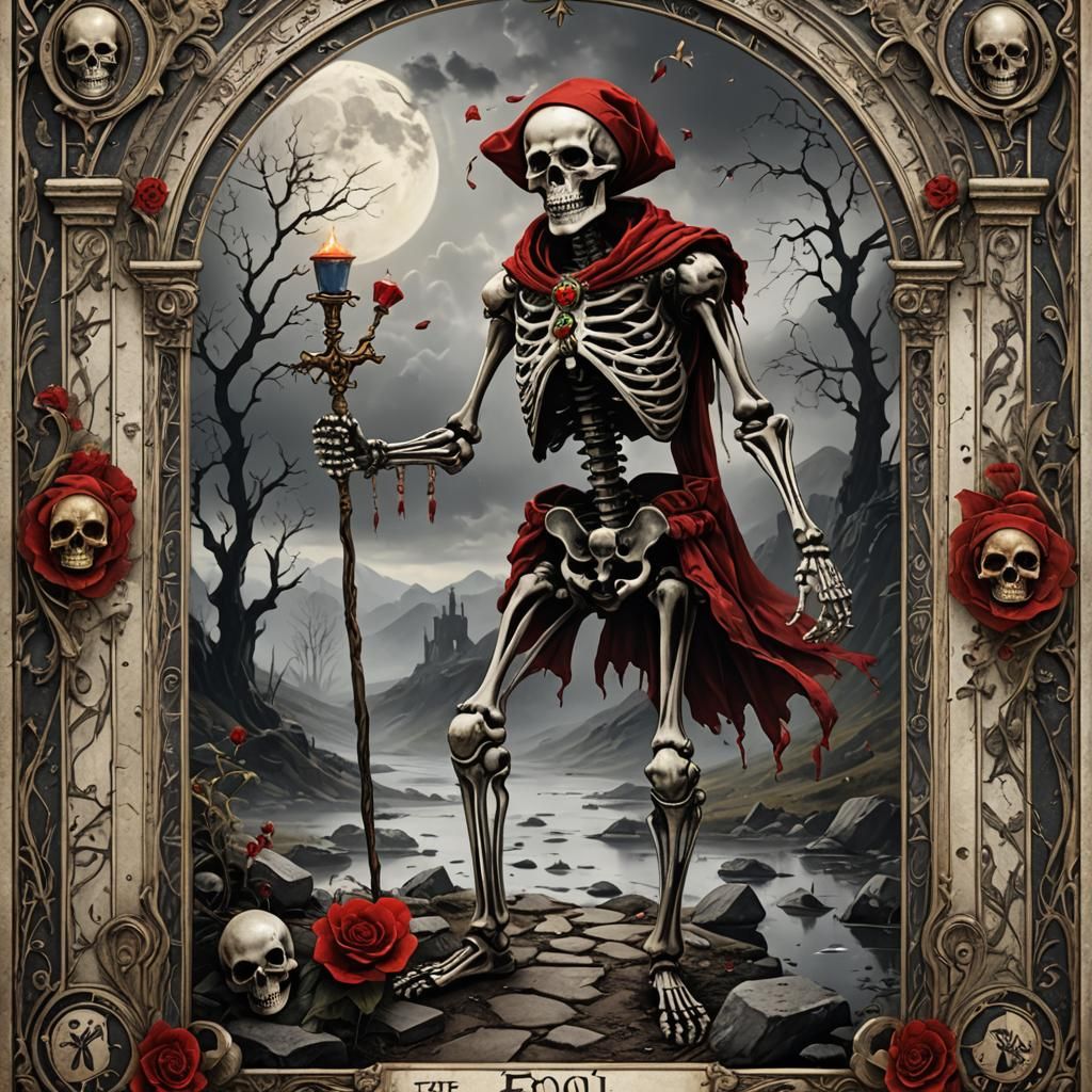 Tarot Card: The Fool, Skeleton and Mirror