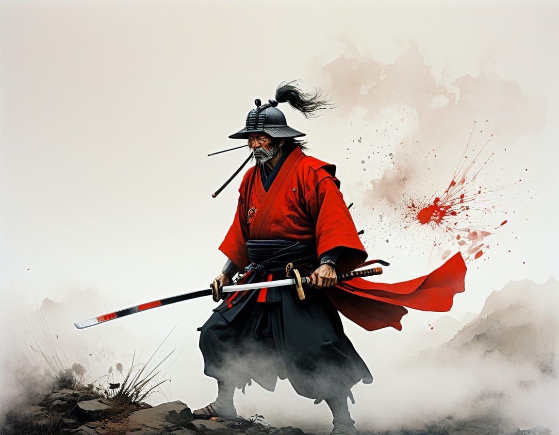 Surreal Samurai Emerges from Crimson Mist in Minimalist Styl...