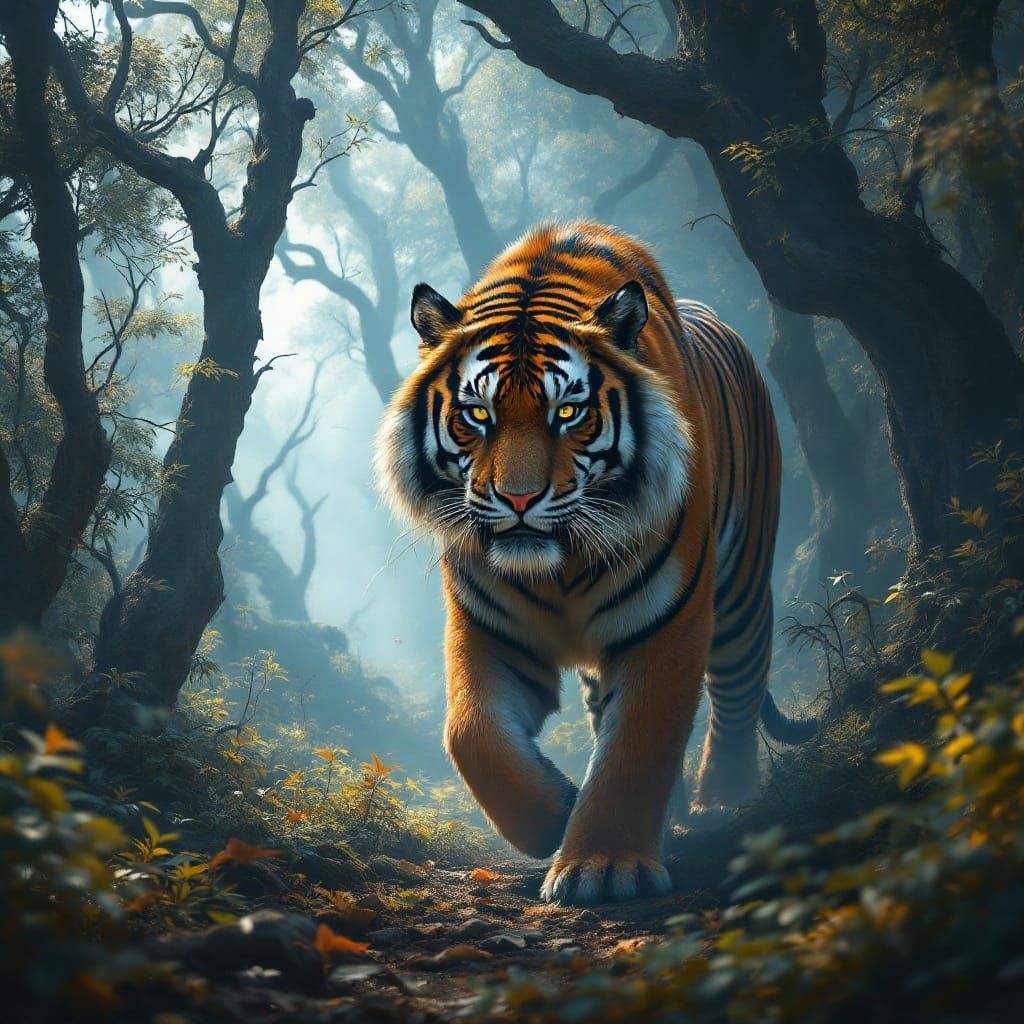 Majestic Tiger in Lush Forest, Fantasy Digital Art