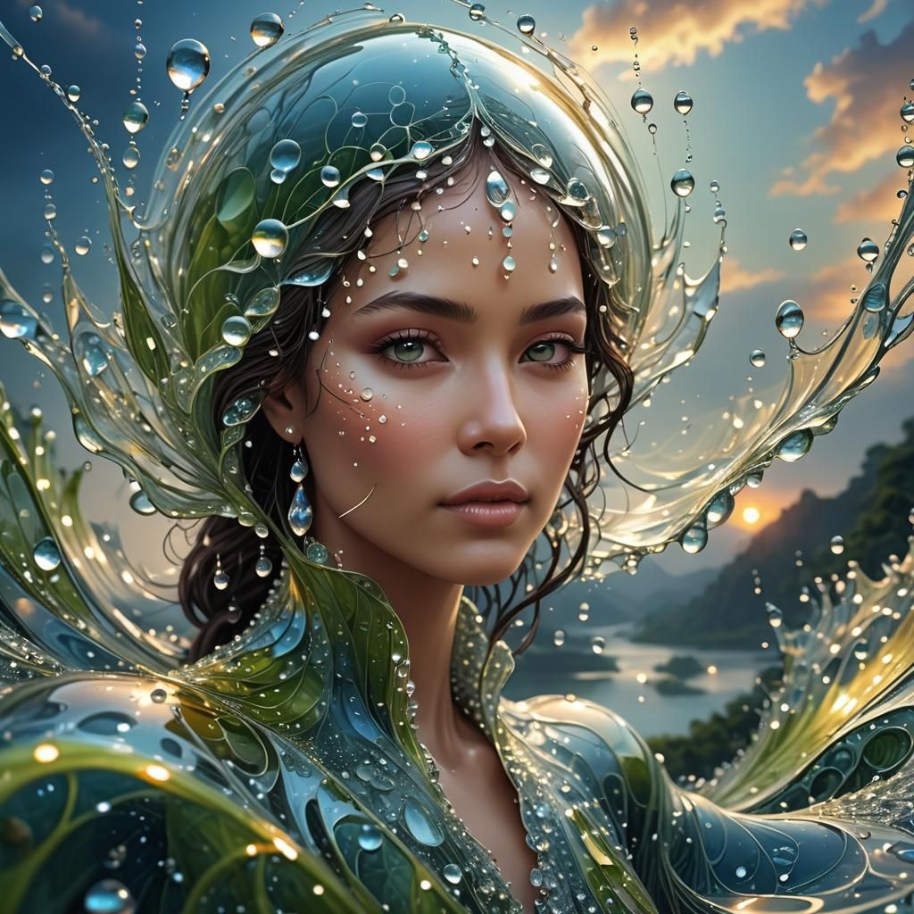 Humanoid Dewdrop Reflecting Sunrise Landscape