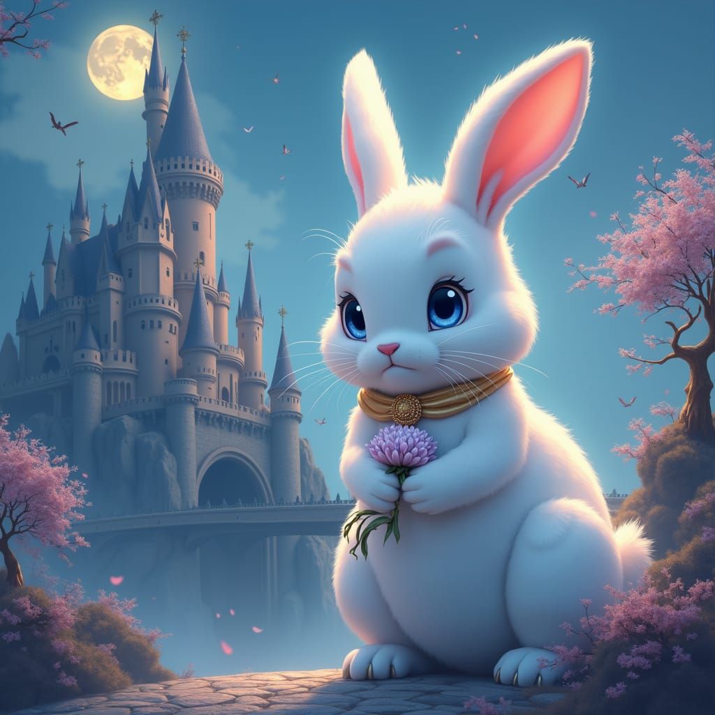 Princess and Rabbit in Gothic Castle Under Moonlight
