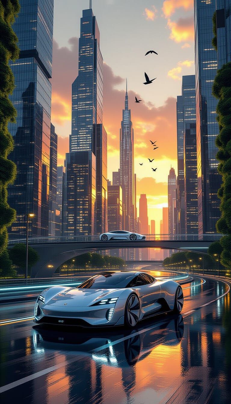 Futuristic Glass City at Golden Hour