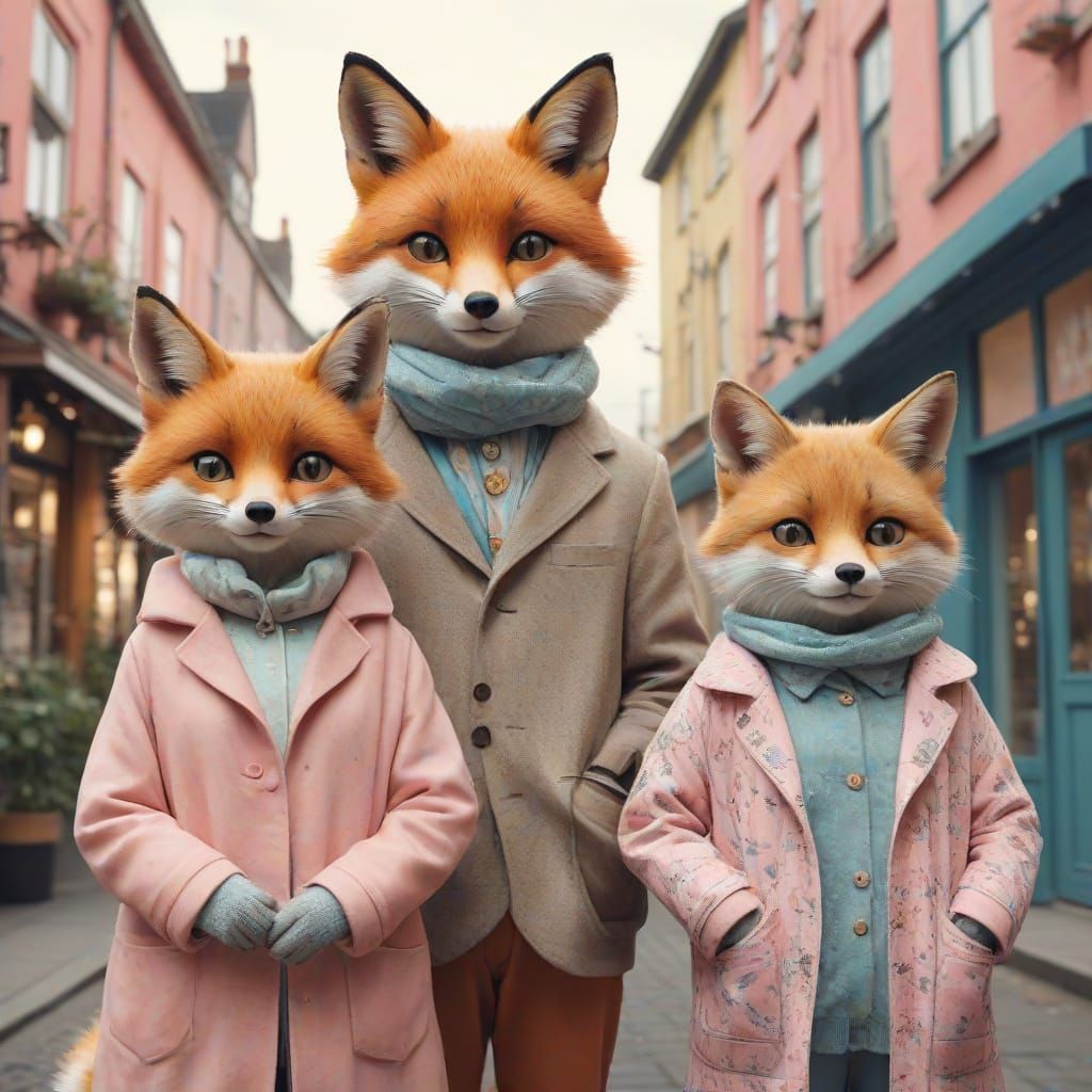 Cartoon Foxes and Cats Pose in Urban Setting