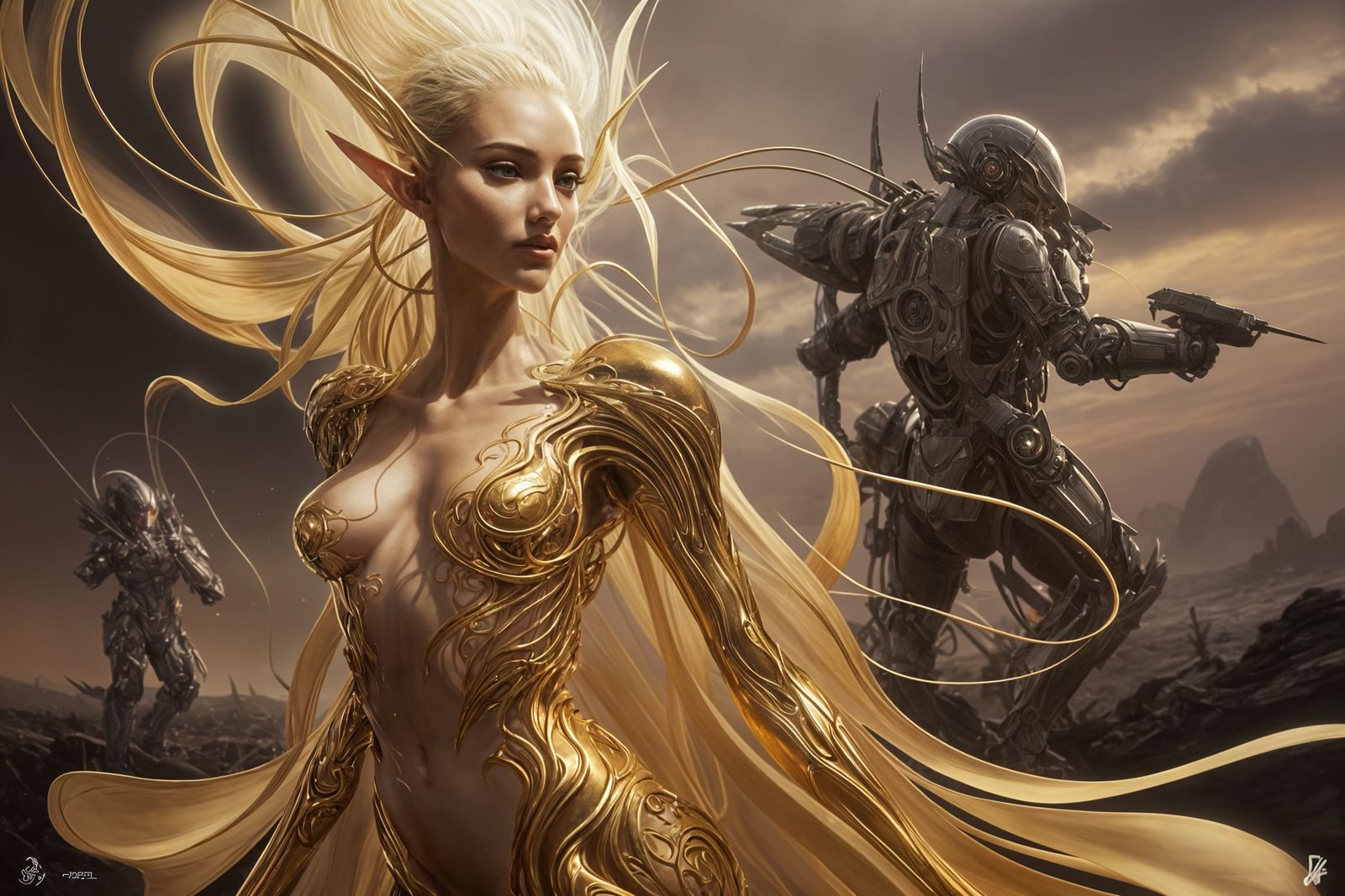 Ethereal Elf-Like Warrior in Golden Techno-Organic Armor