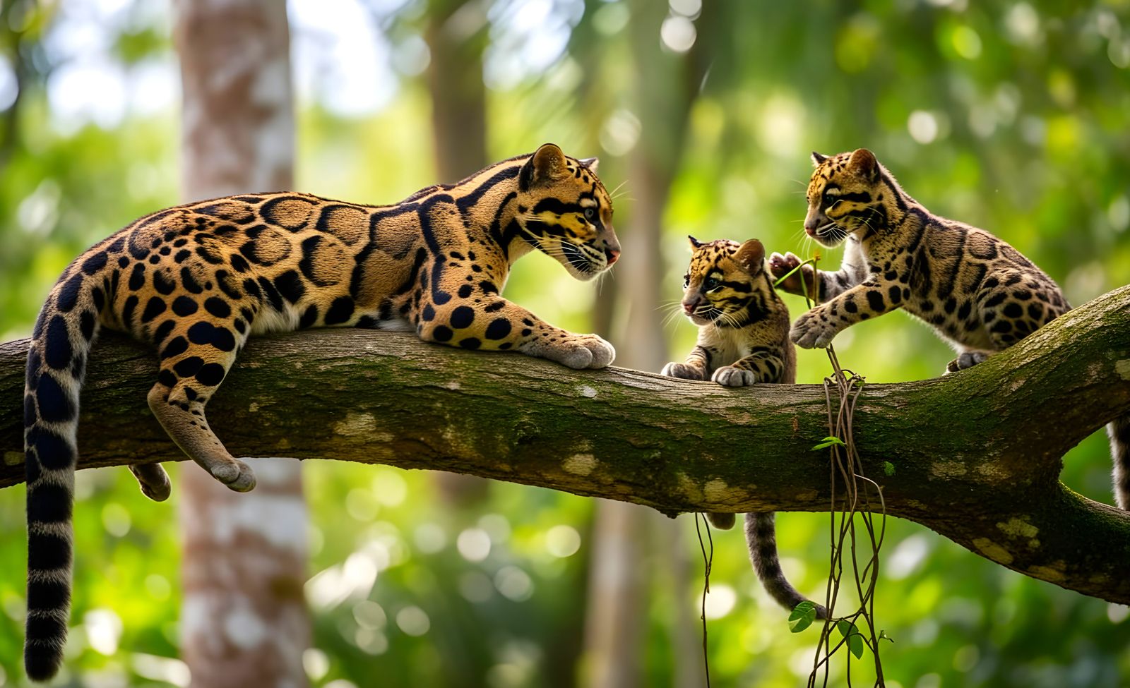 A mother clouded leopard watching her two cubs play