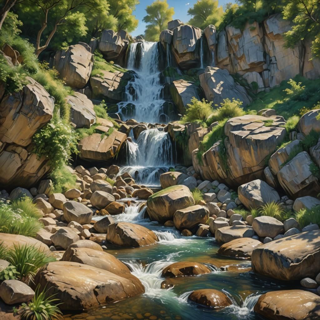 Cascading Waterfall in Impressionistic Style