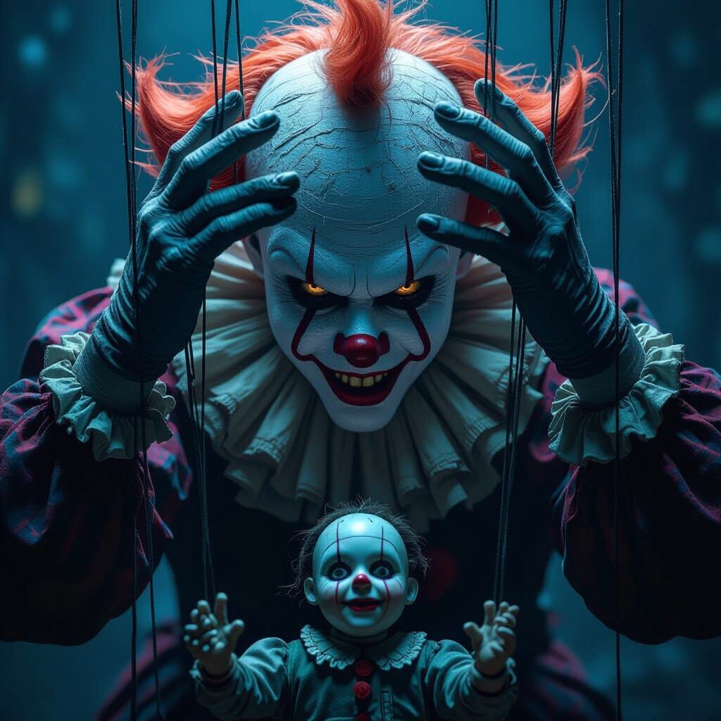 Frightening Clown Controlling Puppet with Strings