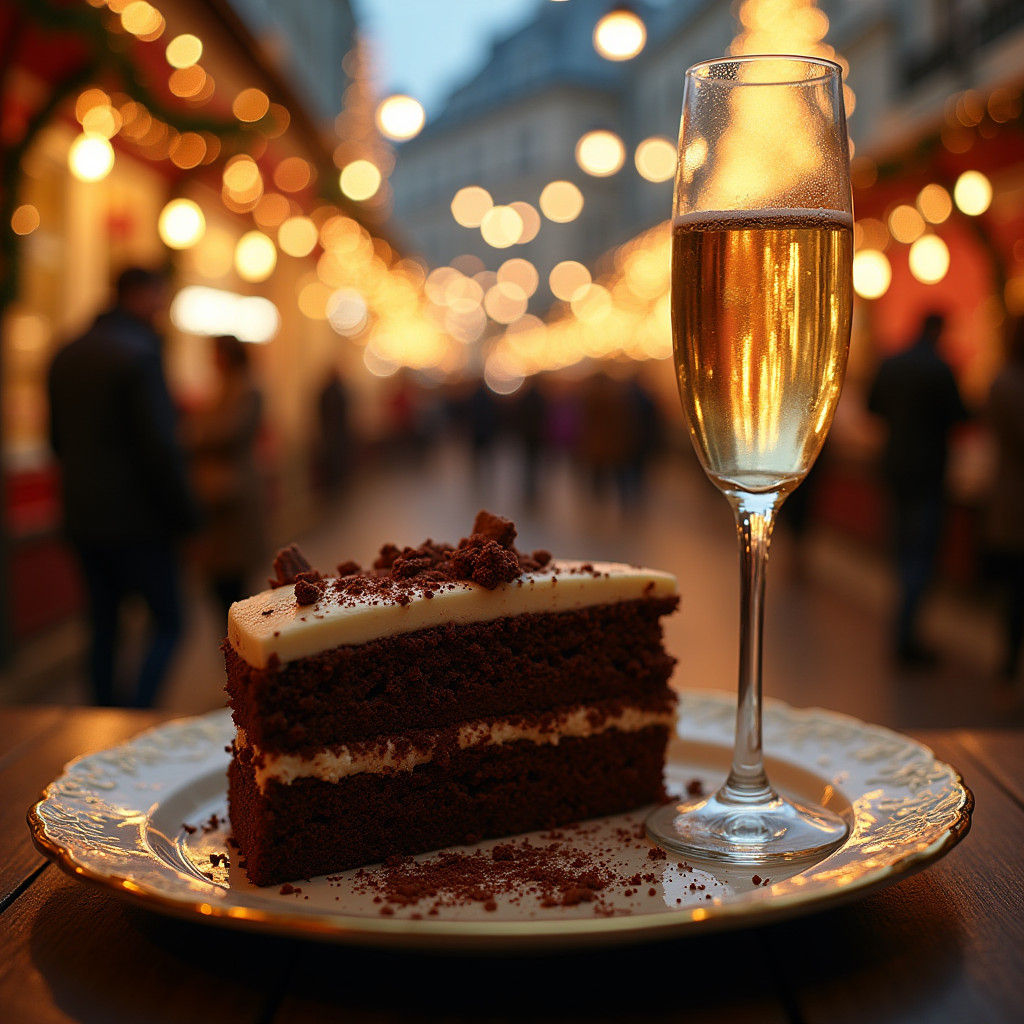 Chocolate Cake and Champagne at Christmas Market