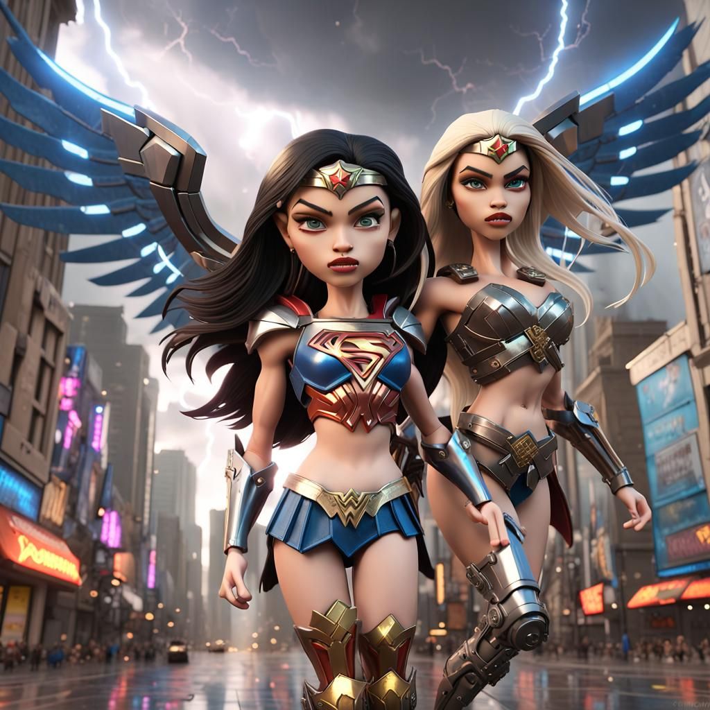 Xena, Bratz Doll, and Frankie Stein Soaring Through City