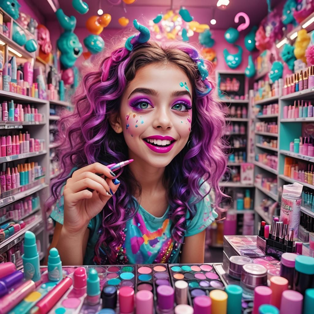 Smiling Monster Girl in Makeup Store: Whimsical Art