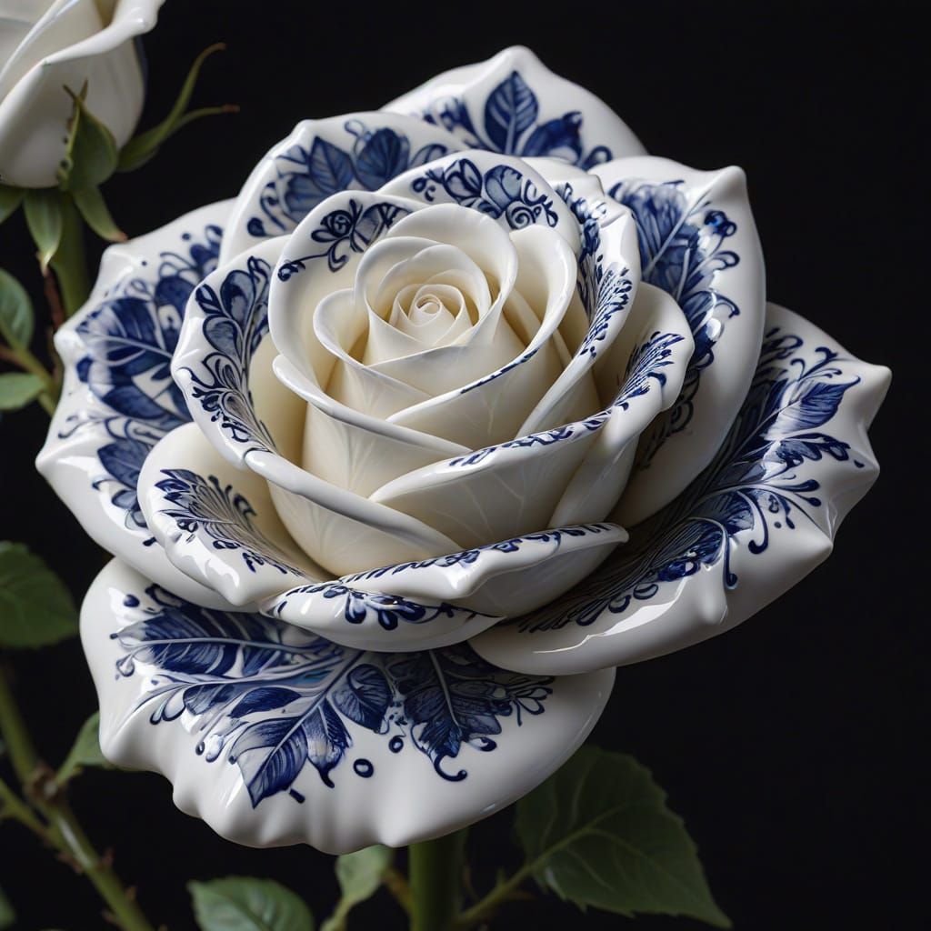 Elegant Blue Floral Porcelain Rose Close-up