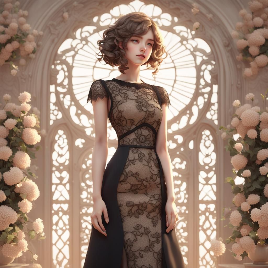 beige lace dress with black sheath