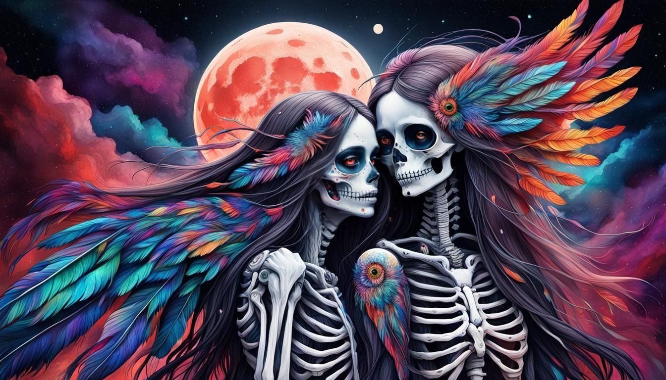 Galactic Skeleton Women with Blood Moon: Astral Illustration