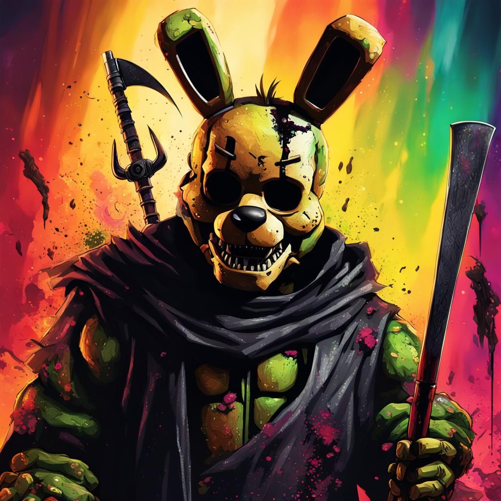 Hyperrealistic Springtrap with Scythe in Splash Art Style